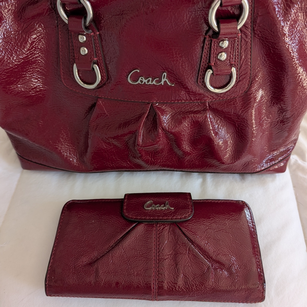 Coach Ashley Dark Red Patent Leather Satchel and Wallet with Dust Bag (F15455) - Picture 16 of 16